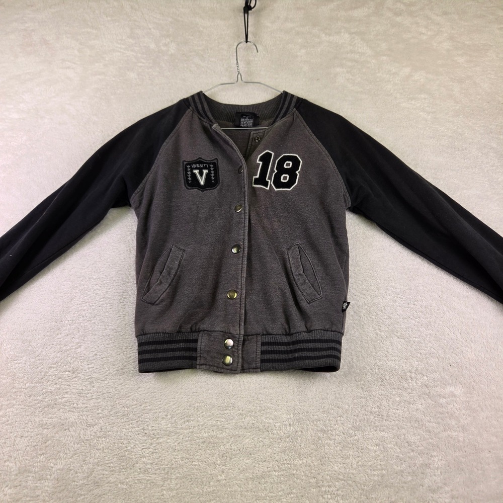 LA Kitty Varsity Bomber Jacket Gray Black Snap Front Sweatshirt Letterman 18 V